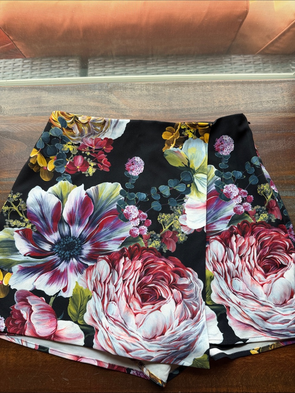 Express Black Floral Wrap-Front Skort with Pink, White & Green Blooms